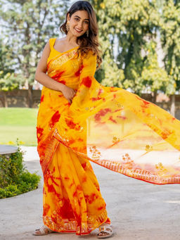 Pretty Pallu - Yellow Tie-Dye Mirror Work Saree without Blouse