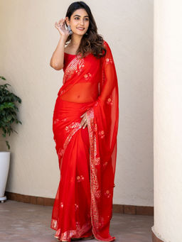 Pretty Pallu - Red Mirror Work Saree without Blouse