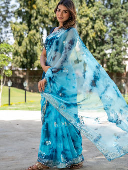 Pretty Pallu - Blue Tie-Dye Mirror Work Saree without Blouse
