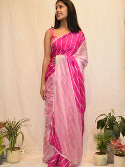 Pretty Pallu - Pink Striped Embellished Border Saree without Blouse