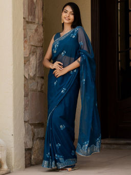 Pretty Pallu - Blue Matka Mirror Work Saree without Blouse