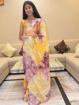 Pretty Pallu - Yellow & Maroon Tie-Dye Mirror Work Saree without Blouse