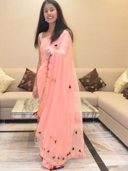 Pretty Pallu - Peach Embellished Sequined Stone Saree without Blouse