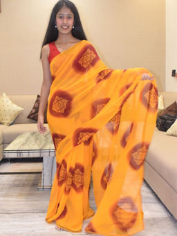Pretty Pallu - Orange Desi Chic Block Printed Saree without Blouse