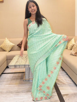Pretty Pallu - Green Embellished Sequined Saree without Blouse