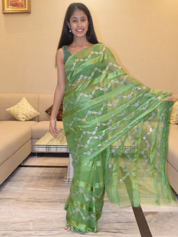 Pretty Pallu - Green Ethnic Mirror Work Saree without Blouse