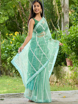 Pretty Pallu - Green Elegant Striped Mirror Work Saree without Blouse