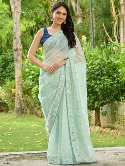 Pretty Pallu - Green Embellished Sequined Work Saree without Blouse