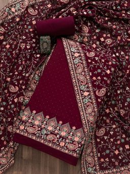 Koskii - Wine Threadwork Georgette Unstitched Salwar Suit (Set of Three)
