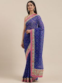 Vastranand - Blue & White Bandhani Gotta Patti Bandhani Saree with Unstitched Blouse