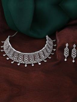 Estele - Rhodium Plated Lavish Luxe Designer Choker Style Necklace Set for Women