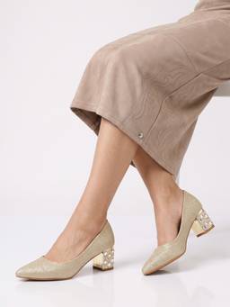 Dollphin - Women Gold Glitter Pointed Toe Pump Block Heels