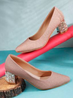 Dollphin - Women Pink Glitter Pointed Toe Pump Block Heels
