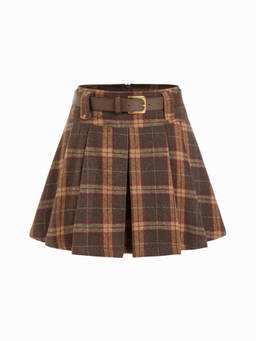Cider - Women's Mid-Waist Pleated Skort with Belt Knee Length Skirt Brown