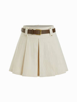 Cider - Women's Mid-Waist Pleated Skort with Belt Knee Length Skirt Ivory