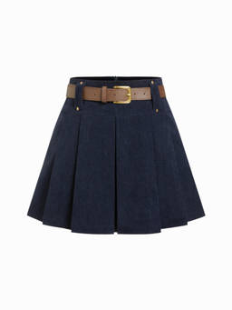 Cider - Solid Women's Mid-Waist Pleated Skort with Belt Navy Blue
