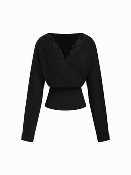 Cider - Knit Women's Lace Trim V-Neck Wrap Top Black