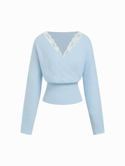 Cider - Knit Women's Lace Trim V-Neck Wrap Top Blue