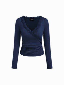 Cider - Solid Lace Trim Women Ruched V-Neck Top Navy Blue