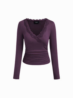 Cider - Women's Lace Trim Ruched V-Neck Long Sleeve Top Purple