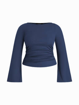 Cider - Curve & Plus Women’s Ruched Boat Neck Long Sleeve Top Navy Blue