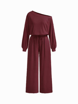 Cider - Women's Asymmetrical Neck Drawstring Oversized Jumpsuit Wine