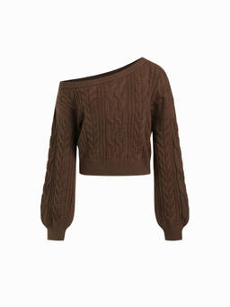 Cider - Cable Knit Women's Oversized Asymmetrical Neck Sweater Brown
