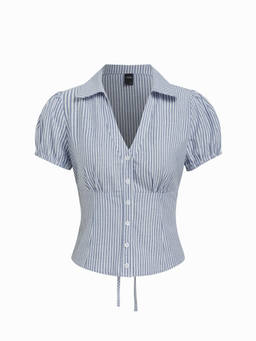 Cider - Cotton Blend Women V-Neck Striped Tie-Back Shirt Blue