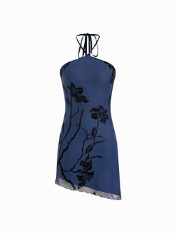 Cider - Mesh Women's Floral Halter Neck Asymmetrical Mini Dress Navy Blue