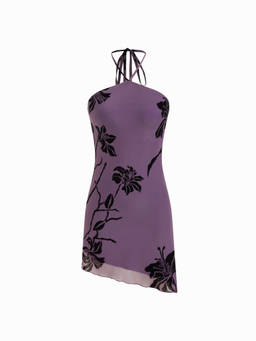 Cider - Mesh Women's Floral Halter Neck Asymmetrical Mini Dress Purple