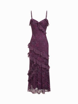 Cider - Lace Women's Floral Ruffle V-Neck Maxi Dress Purple
