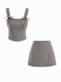 Cider - Gingham Women's Bow Strap U-Neck Crop Top Skirt Set Black