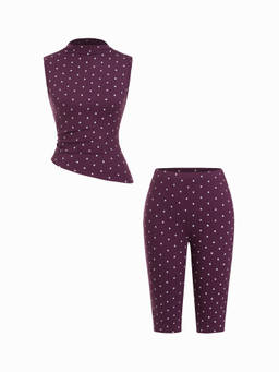 Cider - Cotton-Blend Women’s Polka Dot High Neck Pant Set Purple