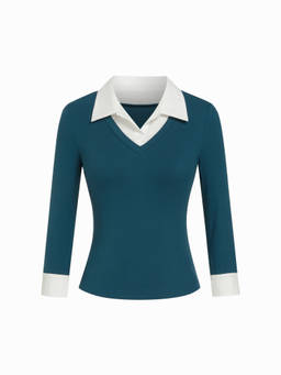 Cider - Cotton Blend Women's Two-Tone Collar V-Neck Crop Top Teal