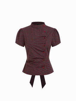 Cider - Plaid Women's Puff Sleeve Stand Collar Blouse Red