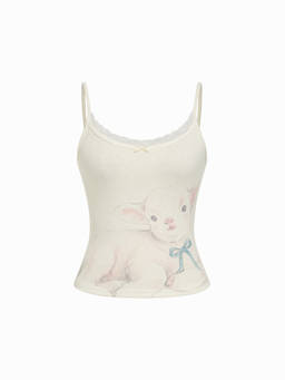 Cider - Deer Graphic Women's Lace Trim Slim Fit Cami Top White