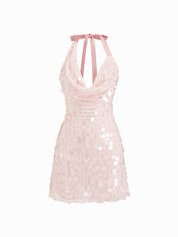 Cider - Sequin Women's Halter Neck Backless Mini Dress Pink