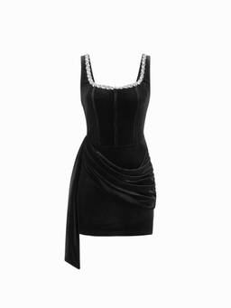 Cider - Velvet Women's Rhinestone Ruched Corset Mini Dress Black