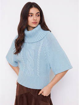 Cider - Cable Knit Women's Oversized Turtle Neck Sweater Blue