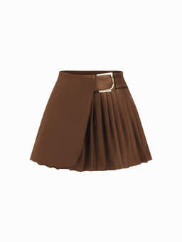 Cider - Faux Leather Women's Pleated Buckle Mini Skirt Brown