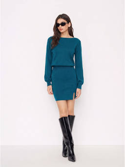 Cider - Knit Women's Boat Neck Full Sleeve Split Mini Dress Blue