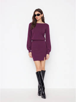 Cider - Knit Women's Boat Neck Long Sleeve Split Mini Dress Purple