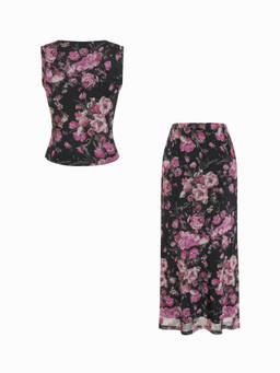 Cider - Mesh Floral Women's Ruched Sleeveless Skirt Set Black