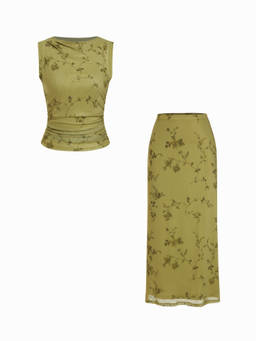 Cider - Mesh Floral Women's Ruched Skirt Set Green