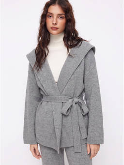 Cider - Hooded Women's Wool-Blend Oversized Belted Cardigan Grey