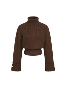 Cider - Knit Women's Button-Cuff Turtleneck Sweater Brown