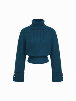 Cider - Knit Women's Button Cuff Turtle Neck Sweater Blue