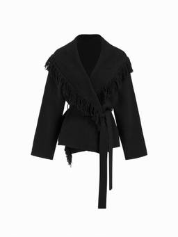 Cider - Fringed Women's Wool Blend Knit Wrap Belted Cardigan Black