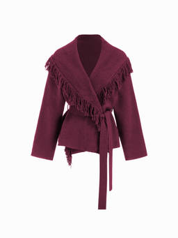 Cider - Fringed Women's Wool-Blend Wrap Belted Cardigan Burgundy