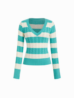Cider - Cable Knit Women's Striped V-Neck Pullover Sweater Teal